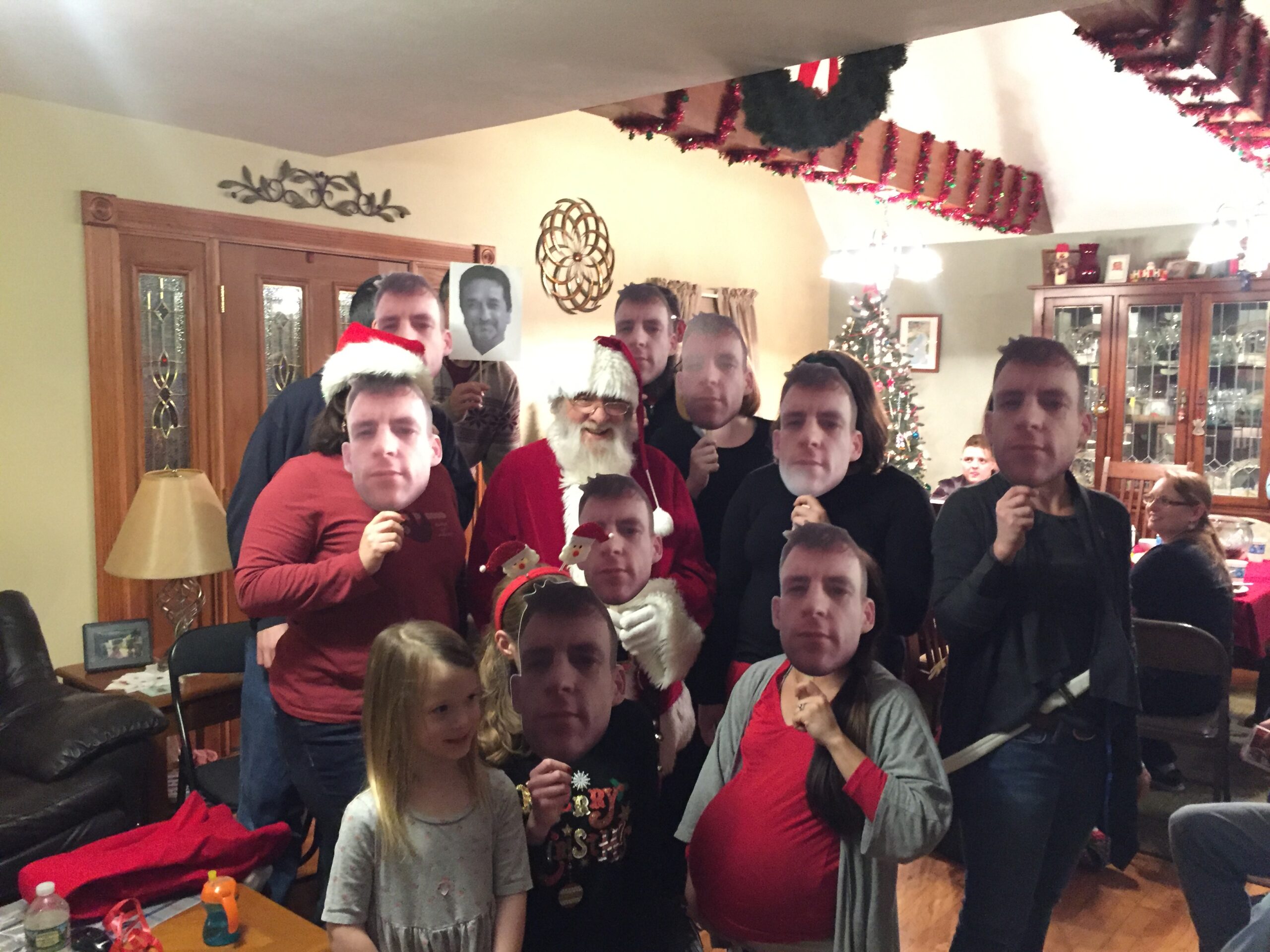 Bunch of nerds with Rick masks at holiday party