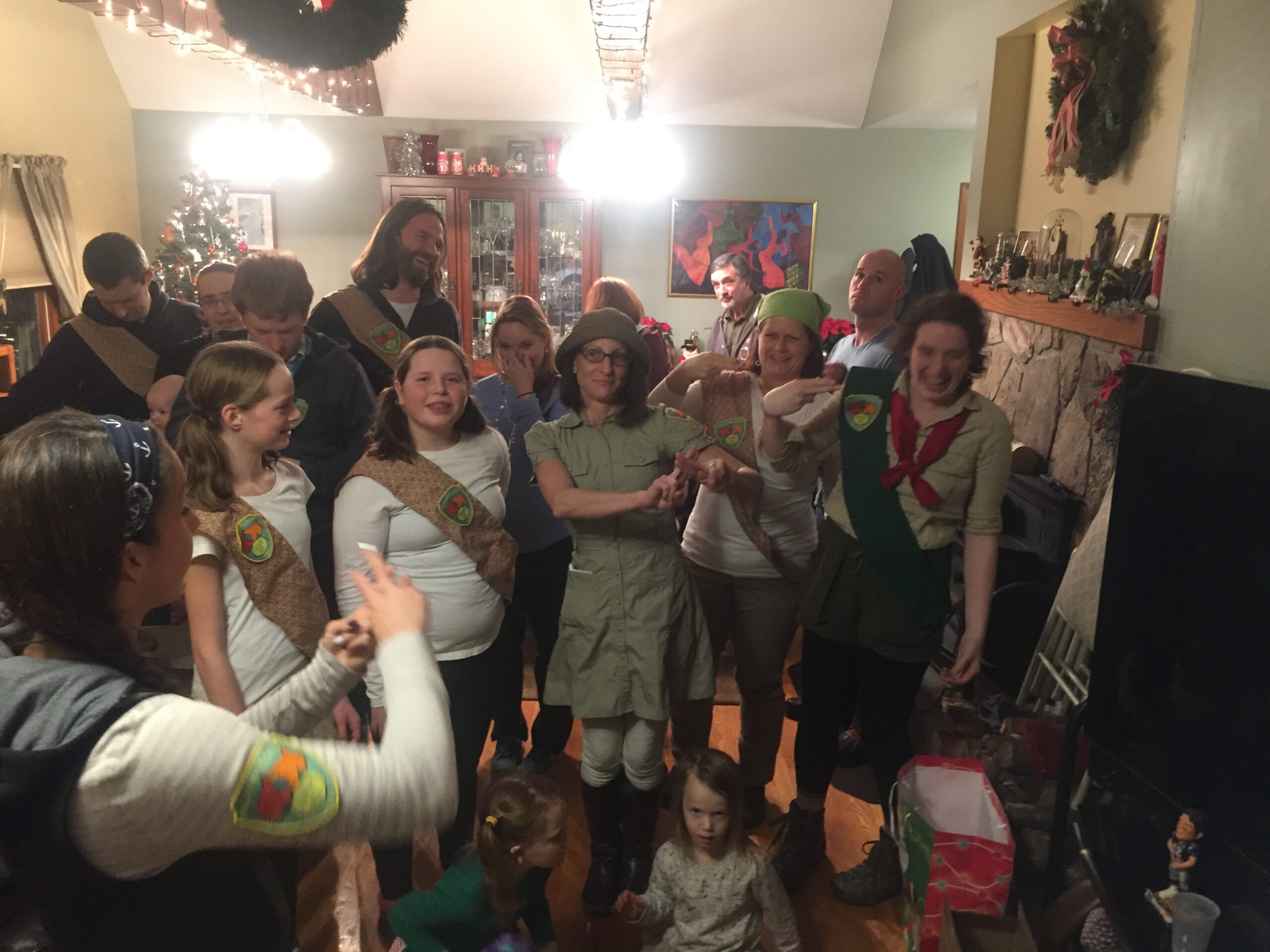 Bunch of nerds dressed as scouts at holiday party